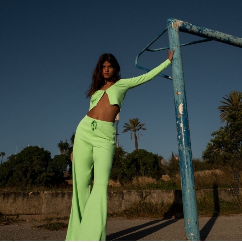 ZARA 2pcs Ribbed Cardigan + Pants Coord Set Light Green BNWT